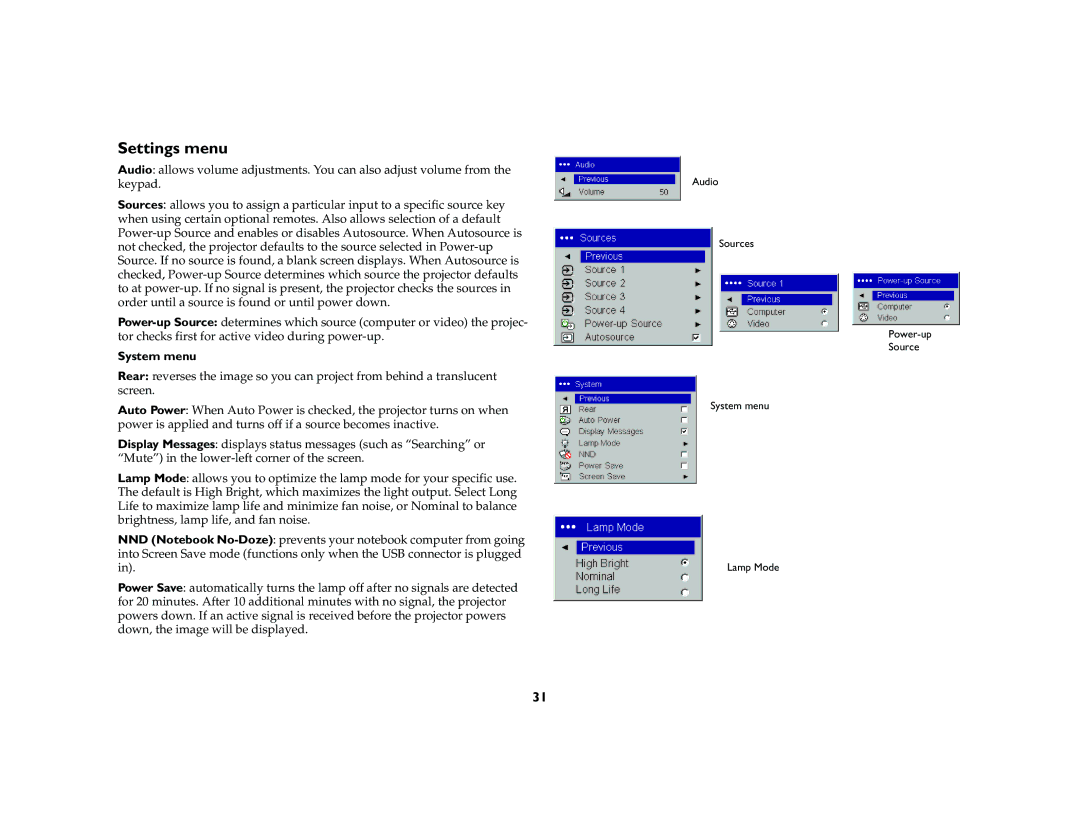 InFocus LP 120 manual Settings menu, System menu 