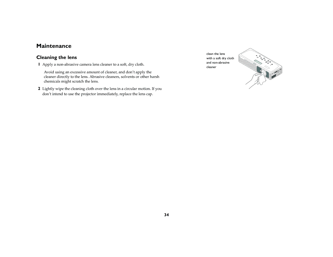 InFocus LP 120 manual Maintenance, Cleaning the lens 