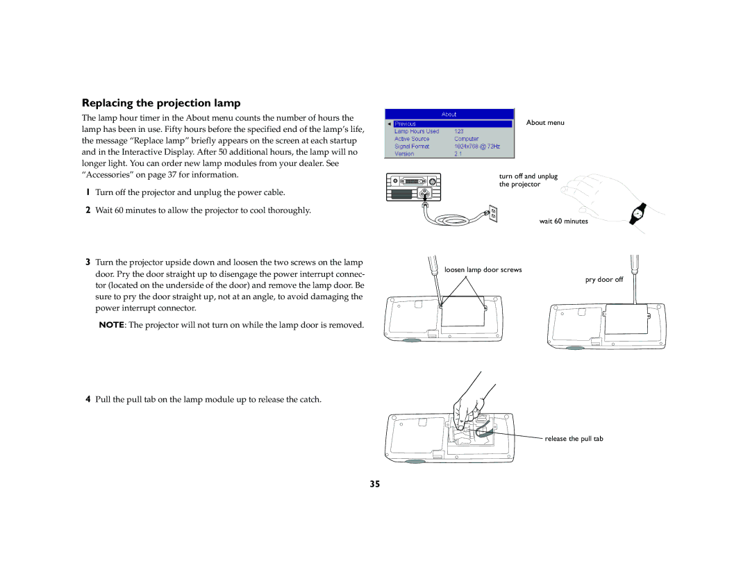 InFocus LP 120 manual Replacing the projection lamp 