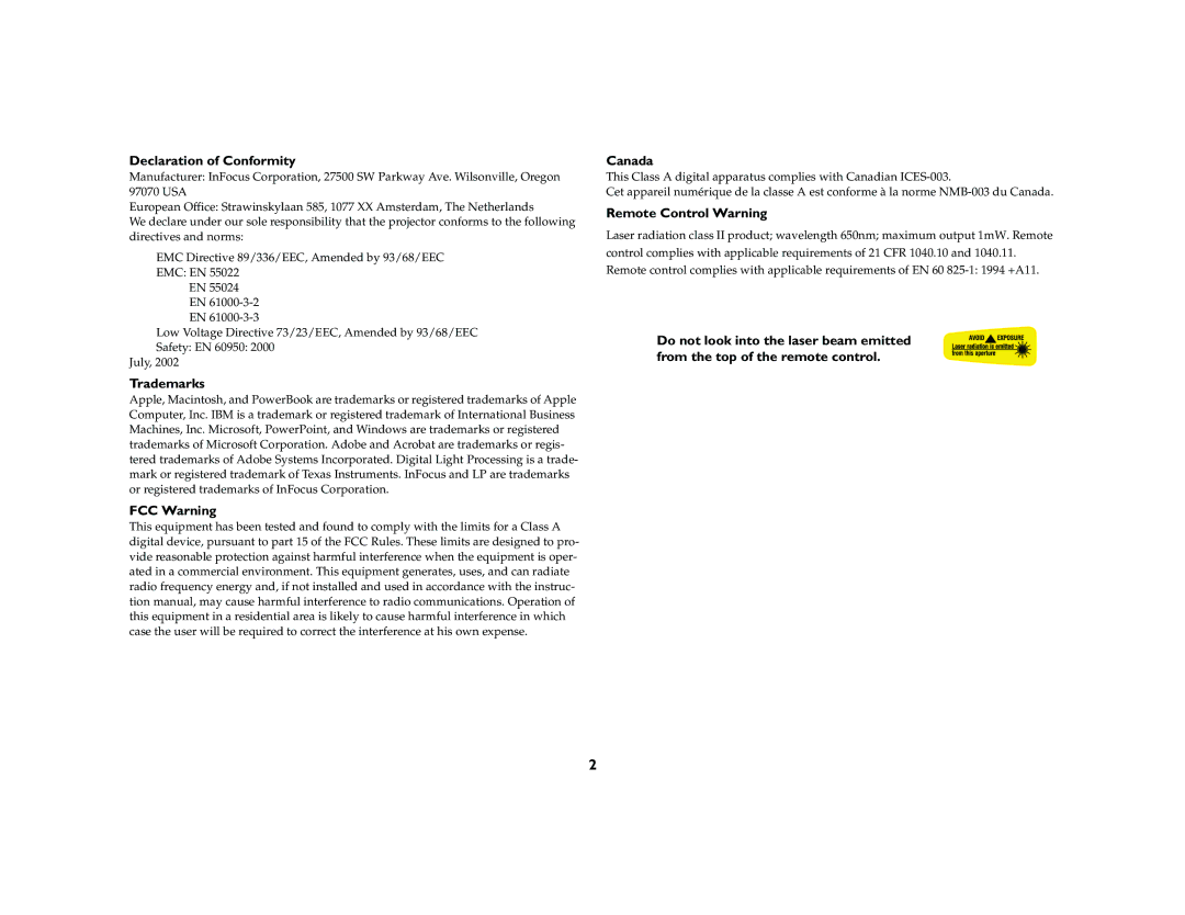 InFocus LP 120 manual Declaration of Conformity, Trademarks, FCC Warning, Canada, Remote Control Warning 