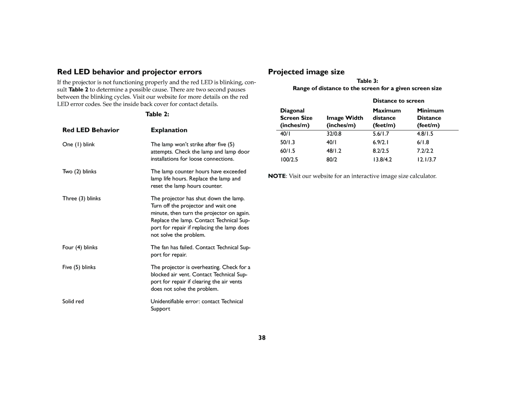 InFocus LP 120 manual Red LED behavior and projector errors, Projected image size, Red LED Behavior Explanation 