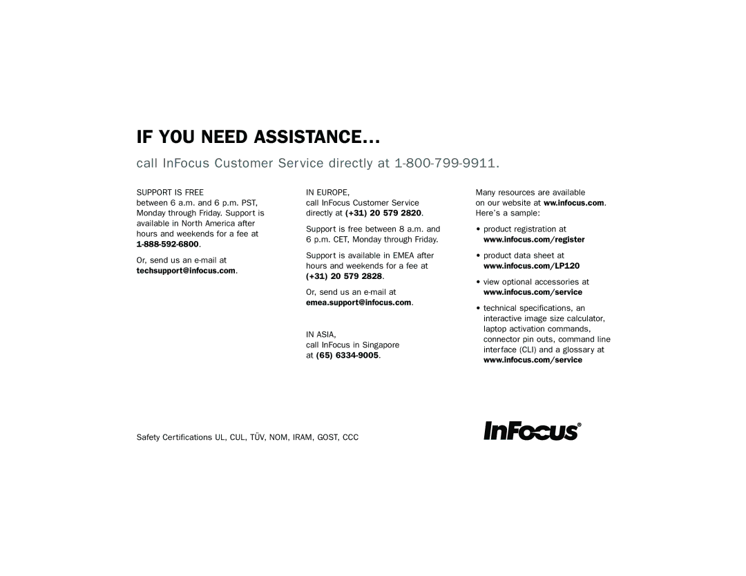 InFocus LP 120 manual If YOU Need ASSISTANCE… 