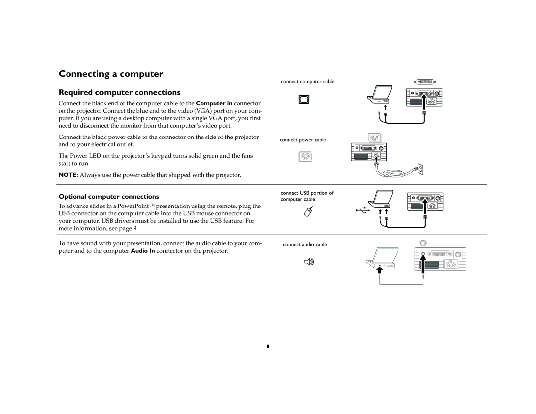 InFocus LP 120 manual Connecting a computer, Required computer connections, Optional computer connections 