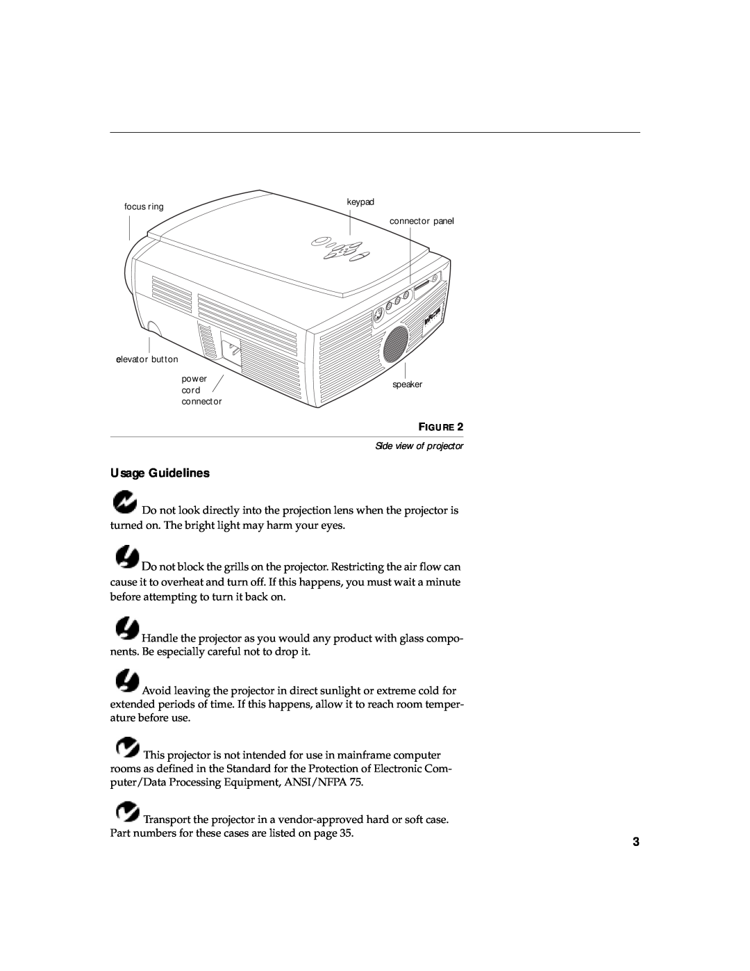 InFocus LP 420TM quick start Usage Guidelines, Side view of projector 