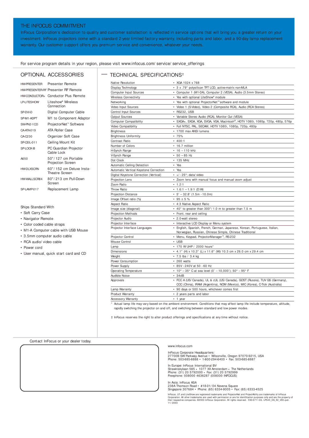 InFocus LP 540 manual Infocus Commitment, Optional Accessories, Technical SPECIFICATIONS† 