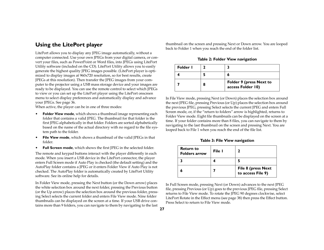 InFocus LP 600 manual Using the LitePort player, Folder View navigation Folder 9 press Next to Access Folder 