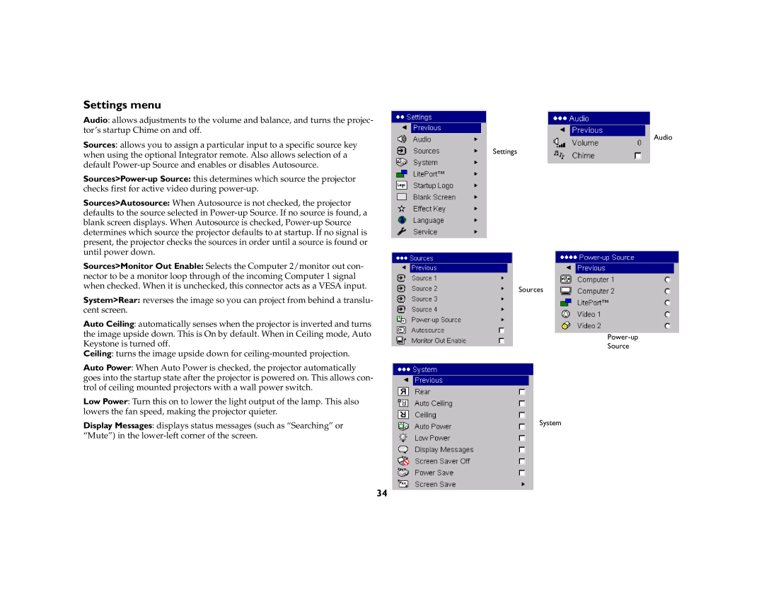 InFocus LP 600 manual Settings menu 