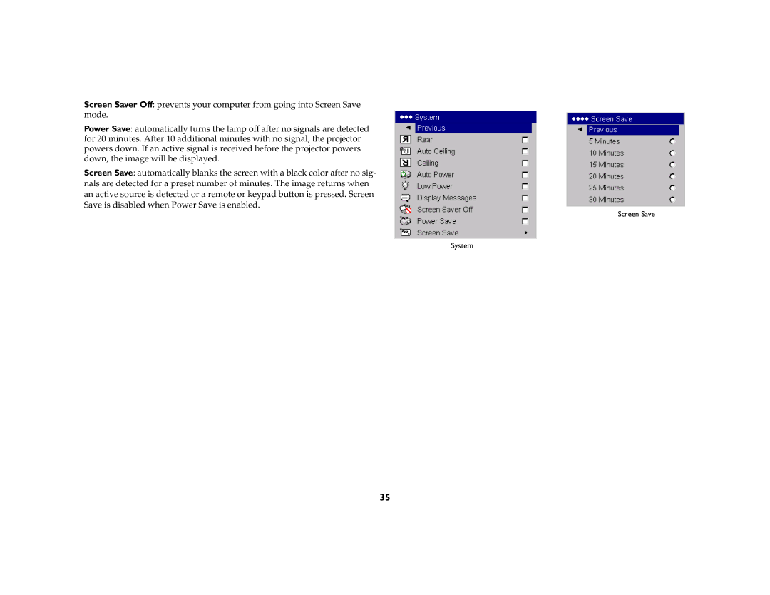 InFocus LP 600 manual Screen Save System 