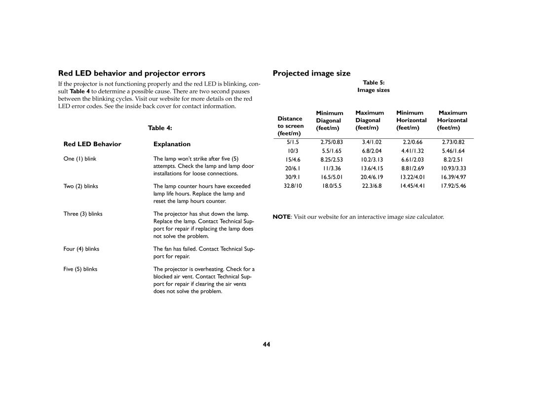 InFocus LP 600 manual Red LED behavior and projector errors, Projected image size, Red LED Behavior Explanation 