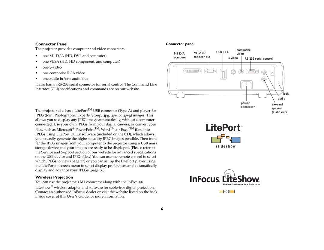 InFocus LP 600 manual Connector Panel, Wireless Projection, Connector panel 