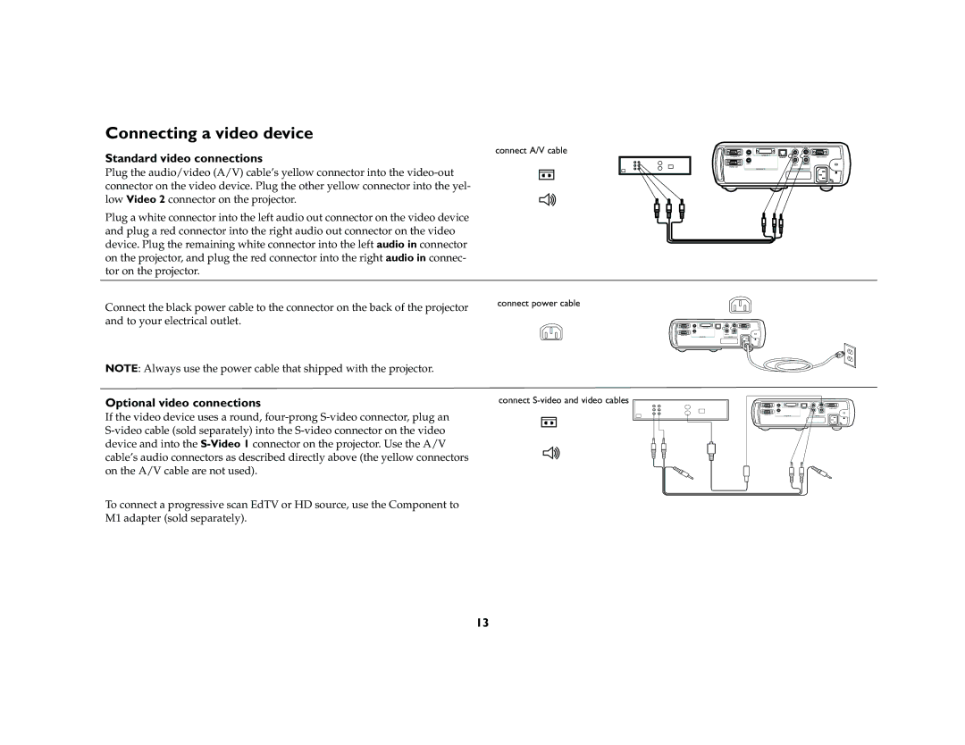 InFocus LP 640 manual Connecting a video device, Standard video connections, Optional video connections 