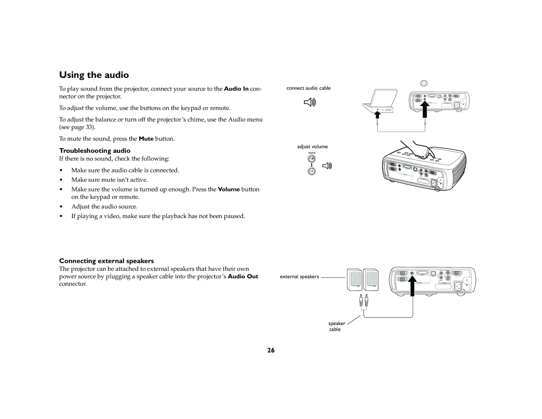 InFocus LP 640 manual Using the audio, Troubleshooting audio, Connecting external speakers 