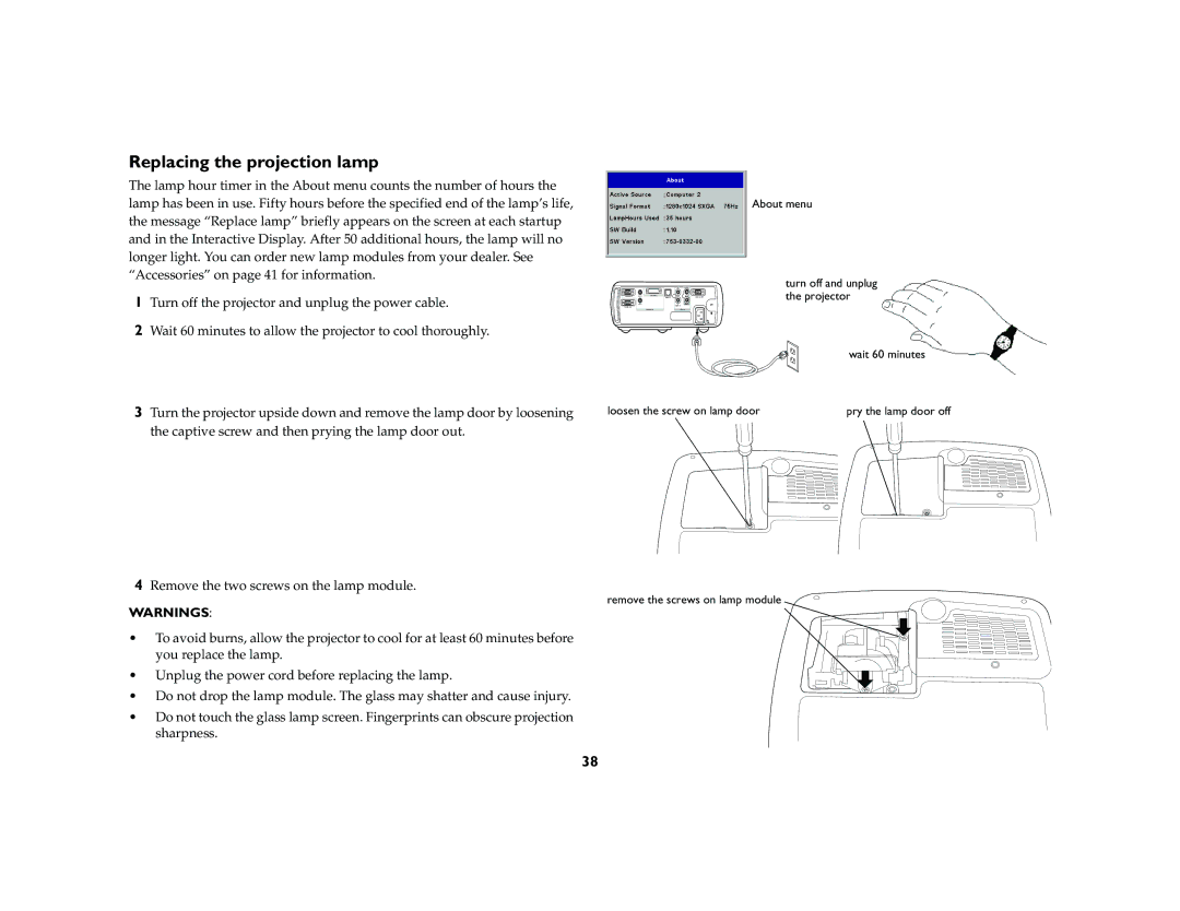 InFocus LP 640 manual Replacing the projection lamp 