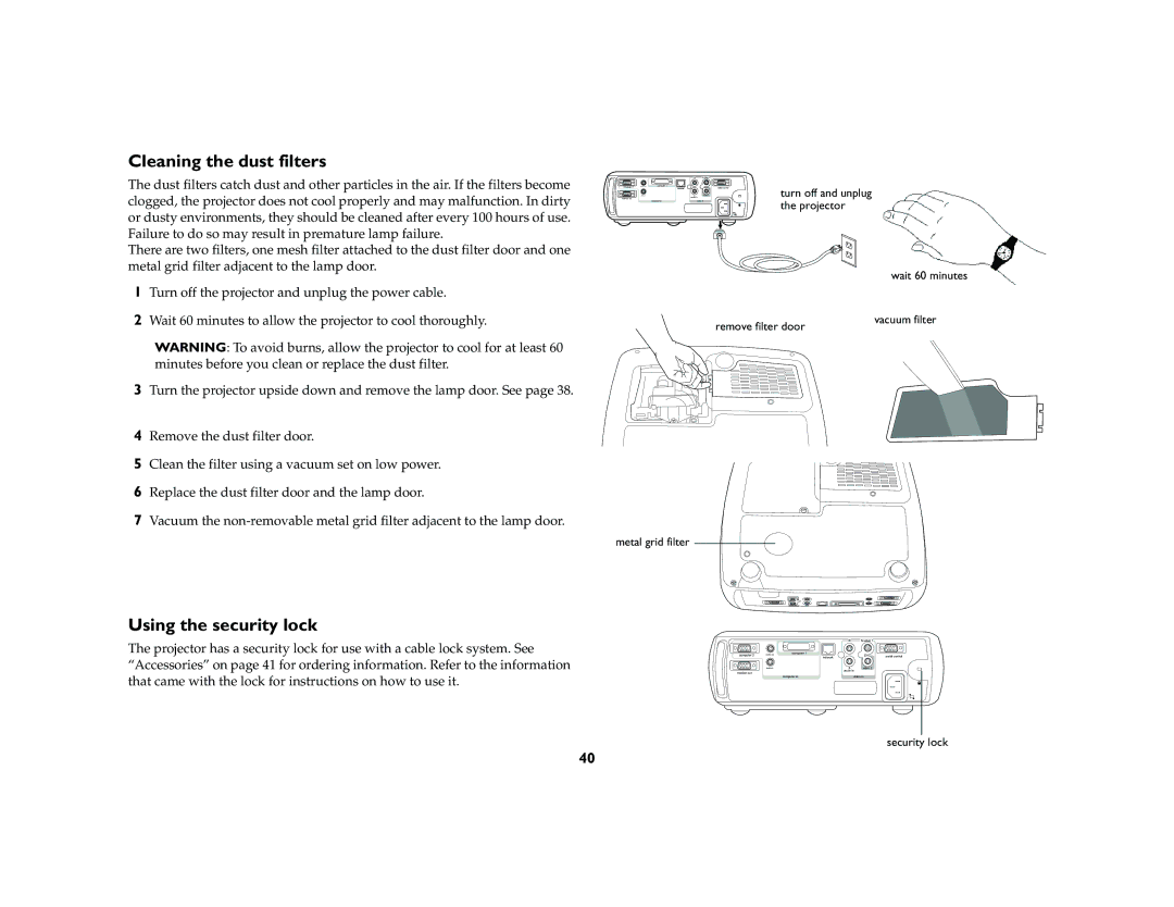 InFocus LP 640 manual Cleaning the dust filters, Using the security lock 