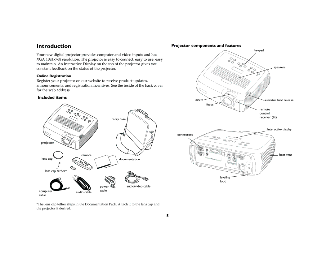 InFocus LP 640 manual Introduction, Included items, Projector components and features, Online Registration 