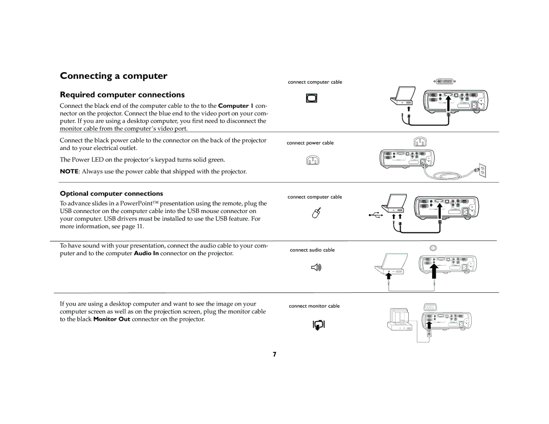 InFocus LP 640 manual Connecting a computer, Required computer connections, Optional computer connections 