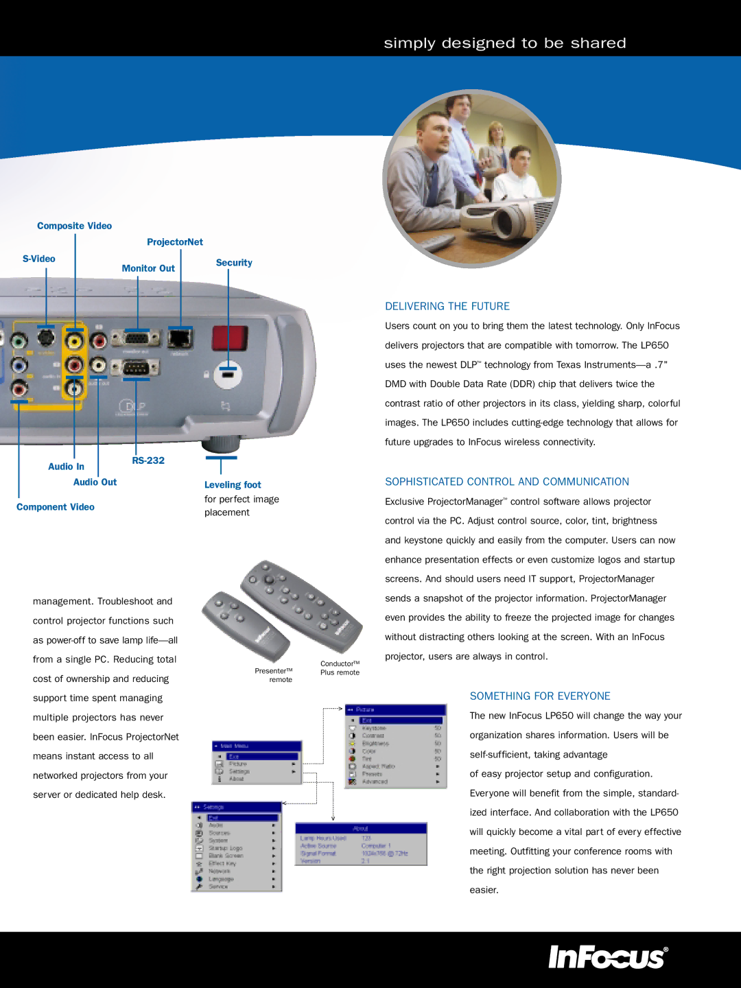 InFocus LP 650 manual Delivering the Future, Sophisticated Control and Communication, Something for Everyone 