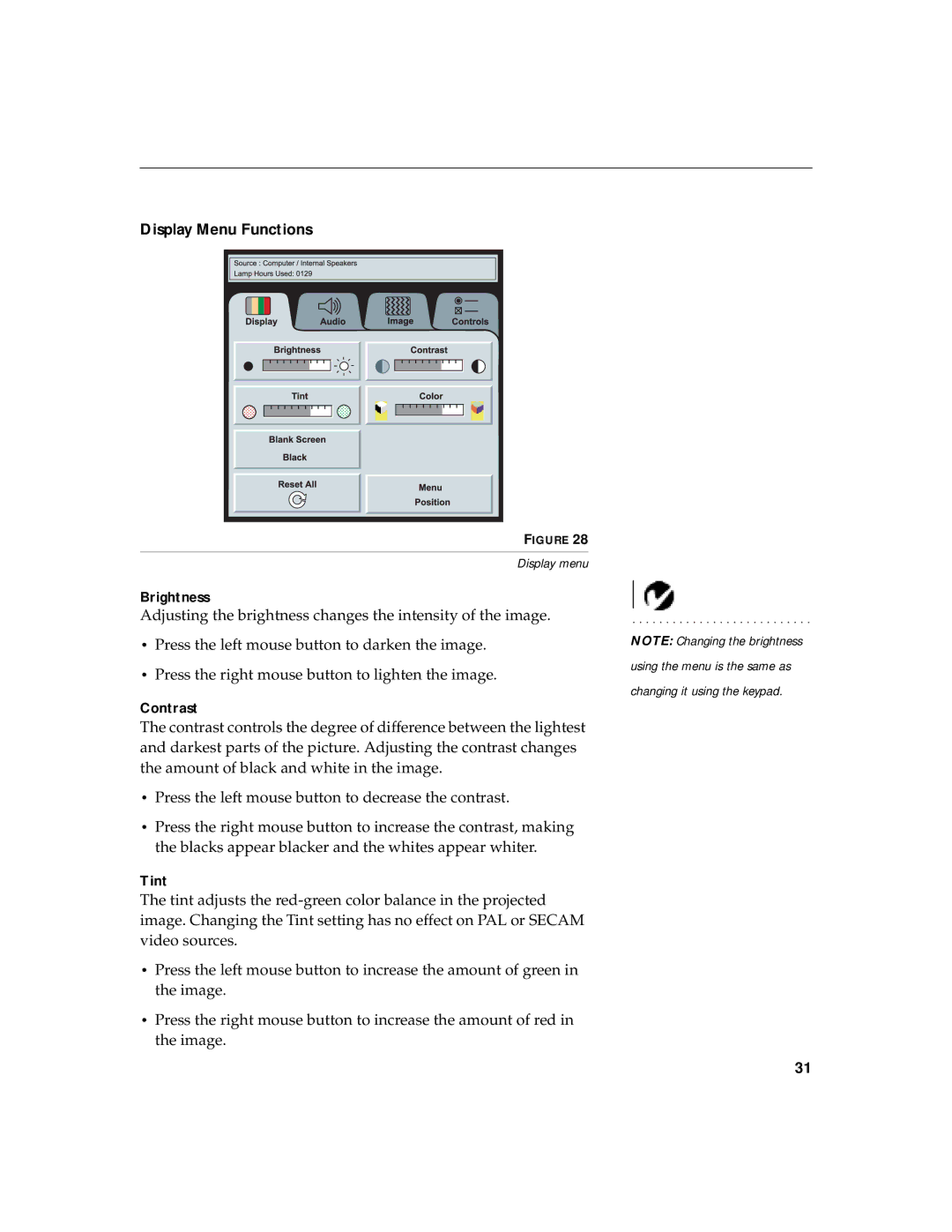 InFocus LP 725, LP 735 warranty Display Menu Functions 