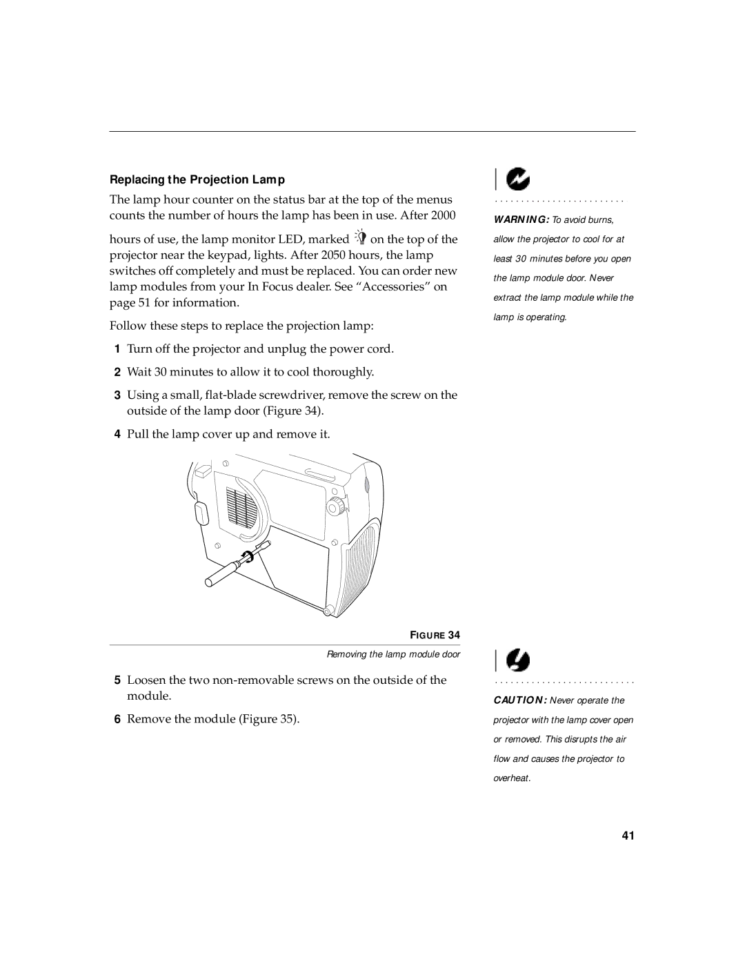 InFocus LP 725, LP 735 warranty Replacing the Projection Lamp 