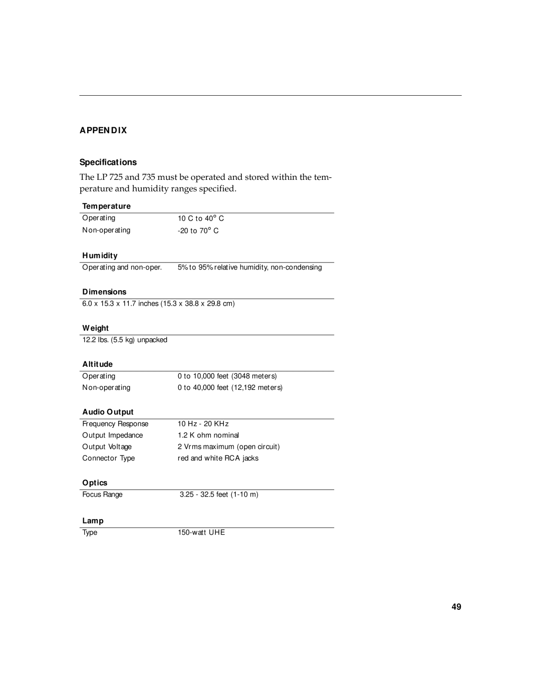 InFocus LP 725, LP 735 warranty Appendix, Specifications 