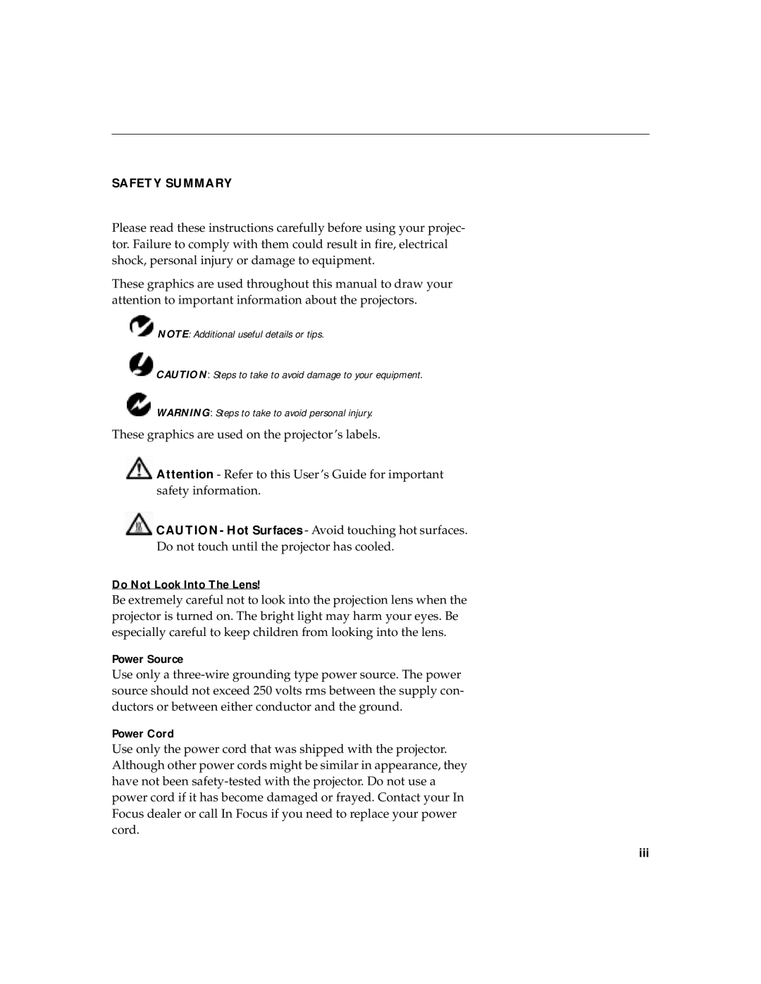 InFocus LP 730 warranty Safety Summary 