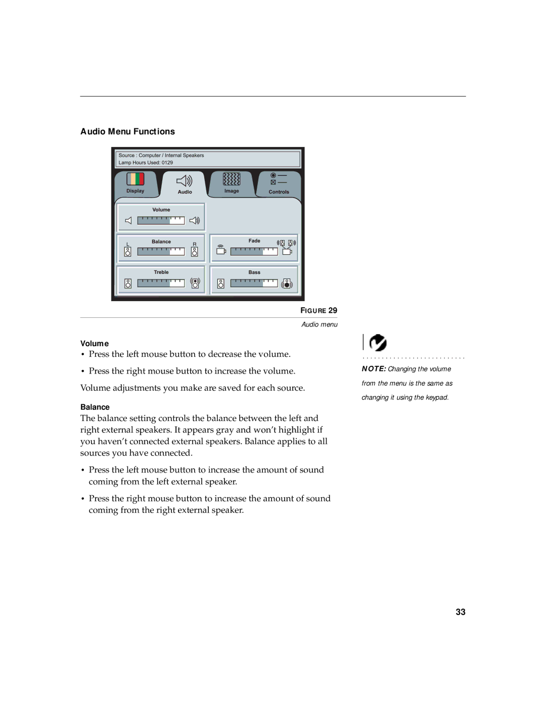 InFocus LP 730 warranty Audio Menu Functions 