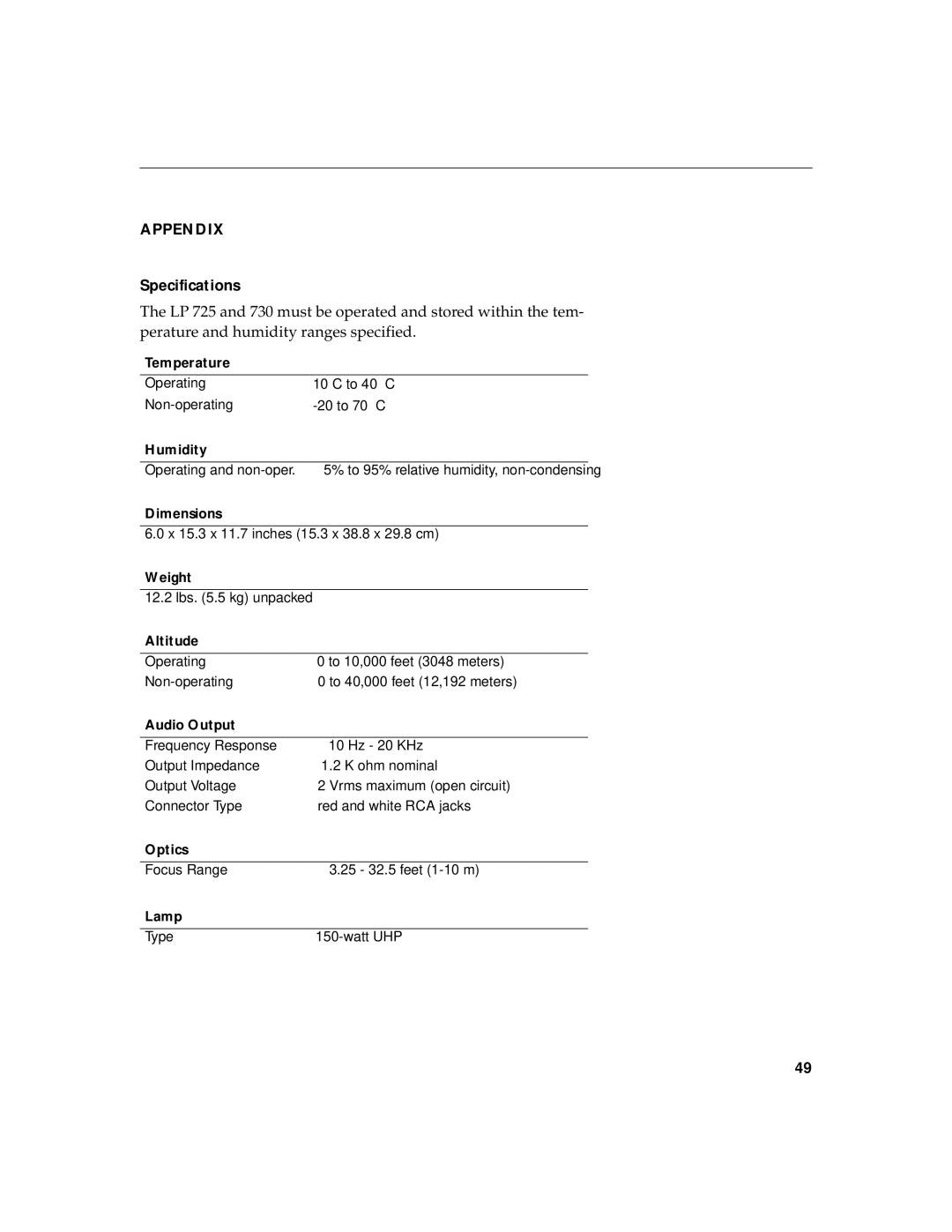 InFocus LP 730 warranty Appendix, Specifications 