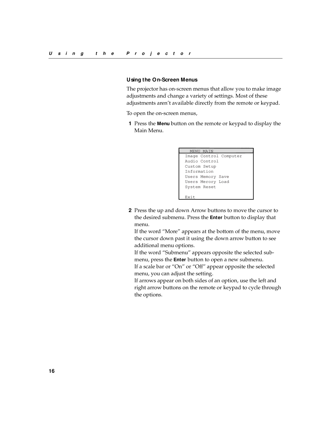 InFocus LP 740 warranty Using the On-Screen Menus, Menu Main 