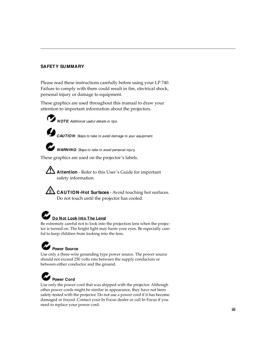 InFocus LP 740 warranty Safety Summary, Do Not Look Into The Lens, Power Source, Power Cord 