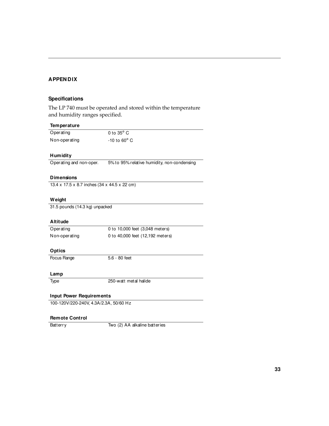 InFocus LP 740 warranty Appendix, Specifications 