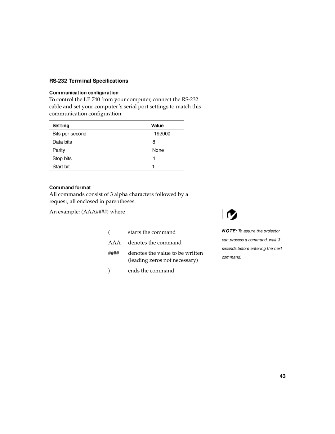 InFocus LP 740 warranty RS-232 Terminal Specifications, Communication configuration, Setting Value, Command format 