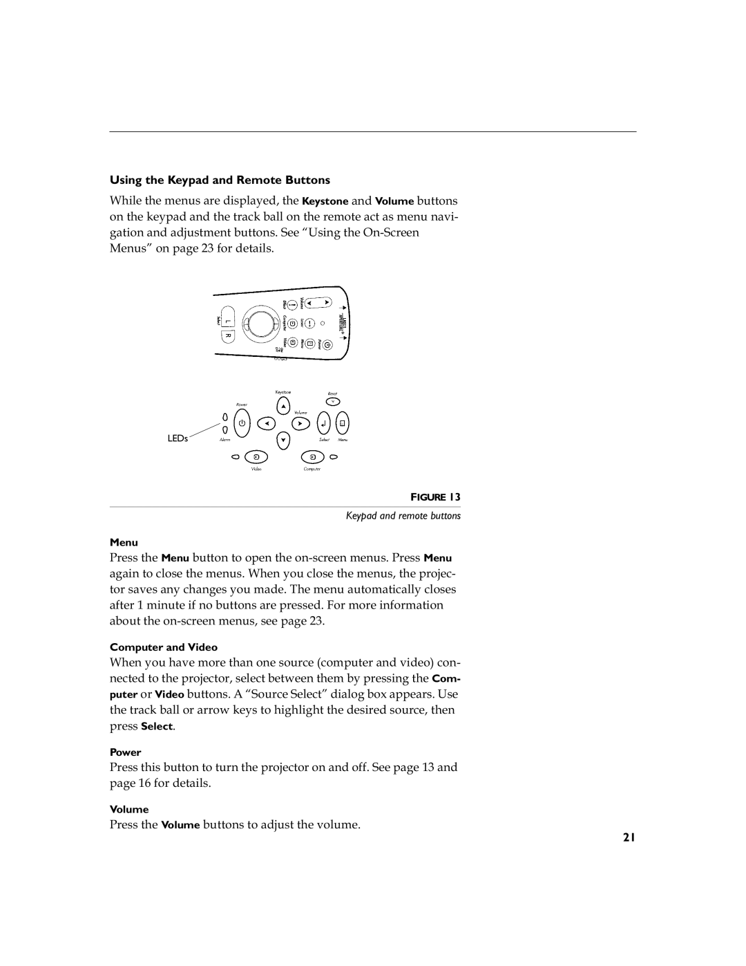 InFocus LP 790 manual Using the Keypad and Remote Buttons, Menu, Computer and Video, Power, Volume 