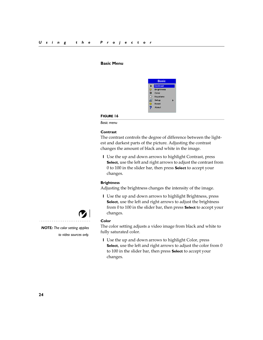 InFocus LP 790 manual Basic Menu, Fkdqjhv, Ixoo\Vdwxudwhgfroru 