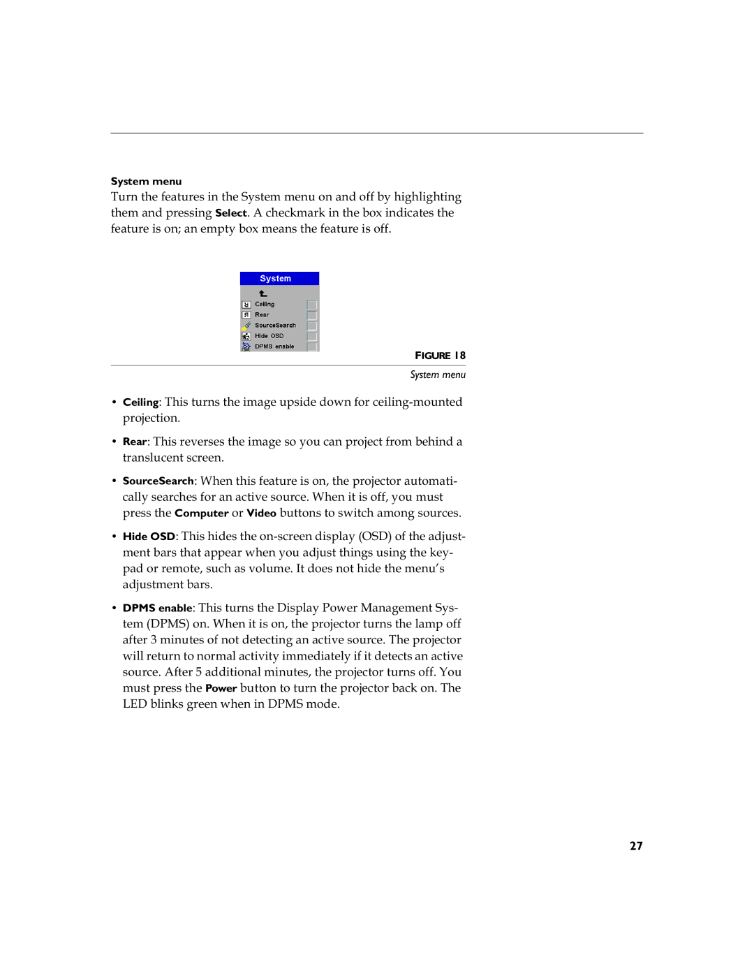 InFocus LP 790 manual Surmhfwlrq, Wudqvoxfhqwvfuhhq, Dgmxvwphqweduv, System menu 