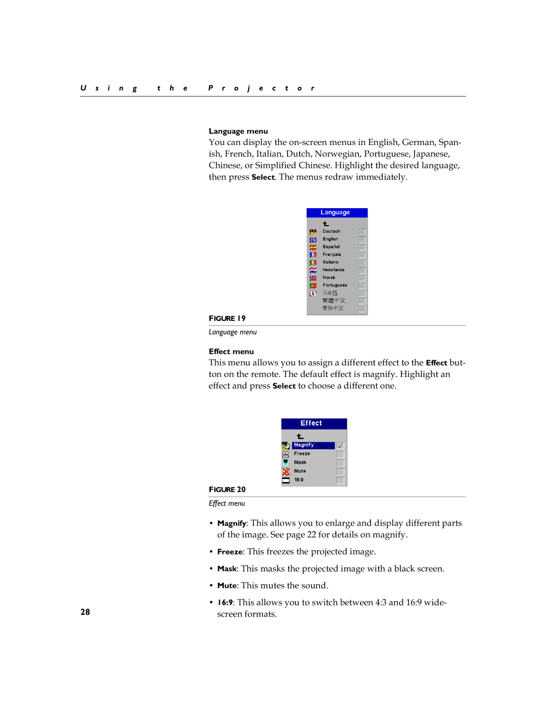 InFocus LP 790 manual Vfuhhqirupdwv, Language menu, Effect menu 