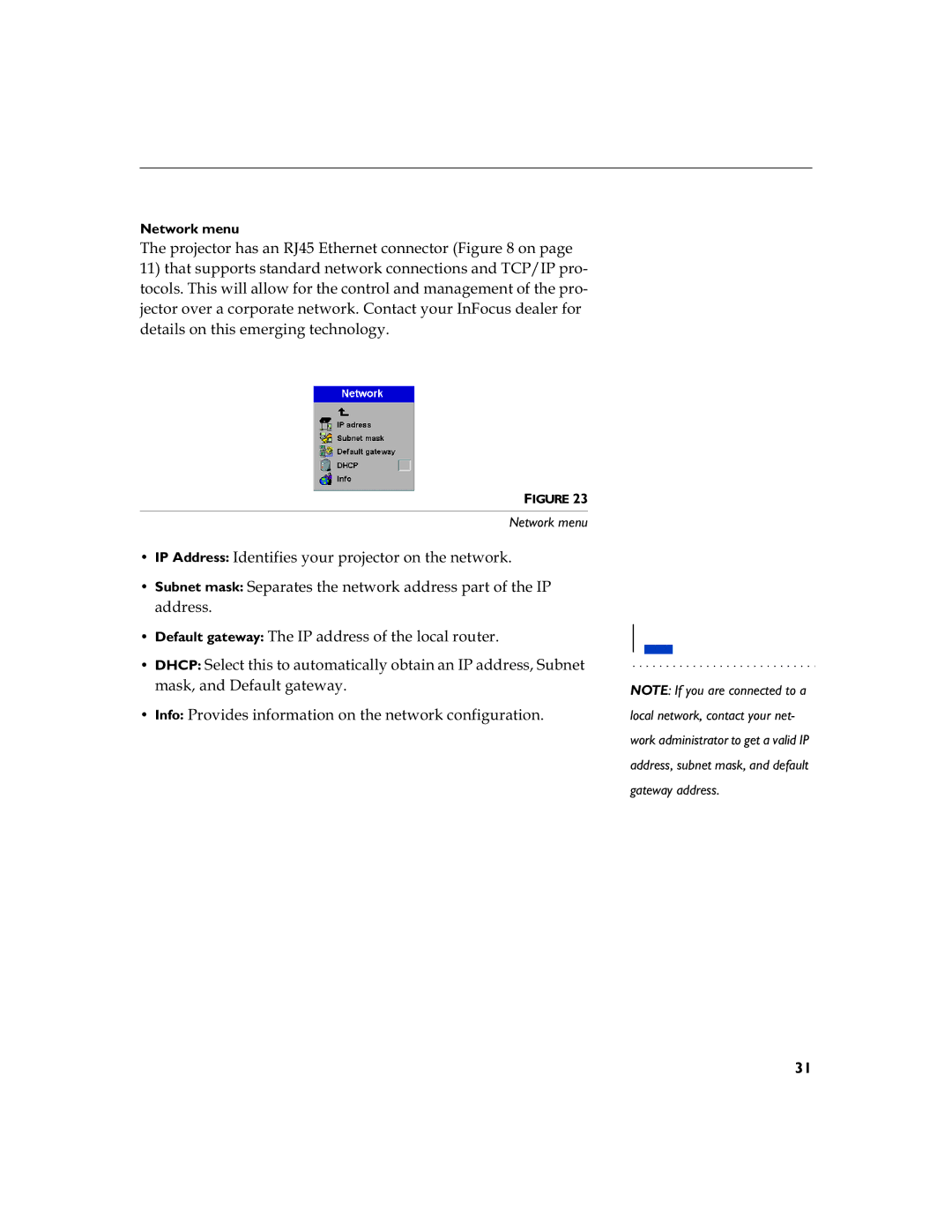 InFocus LP 790 manual 7KHSURMHFWRUKDVDQ5-WKHUQHWFRQQHFWRULJXUHRQSDJH, Ghwdlovrqwklvhphujlqjwhfkqrorj, Dgguhvv, Network menu 