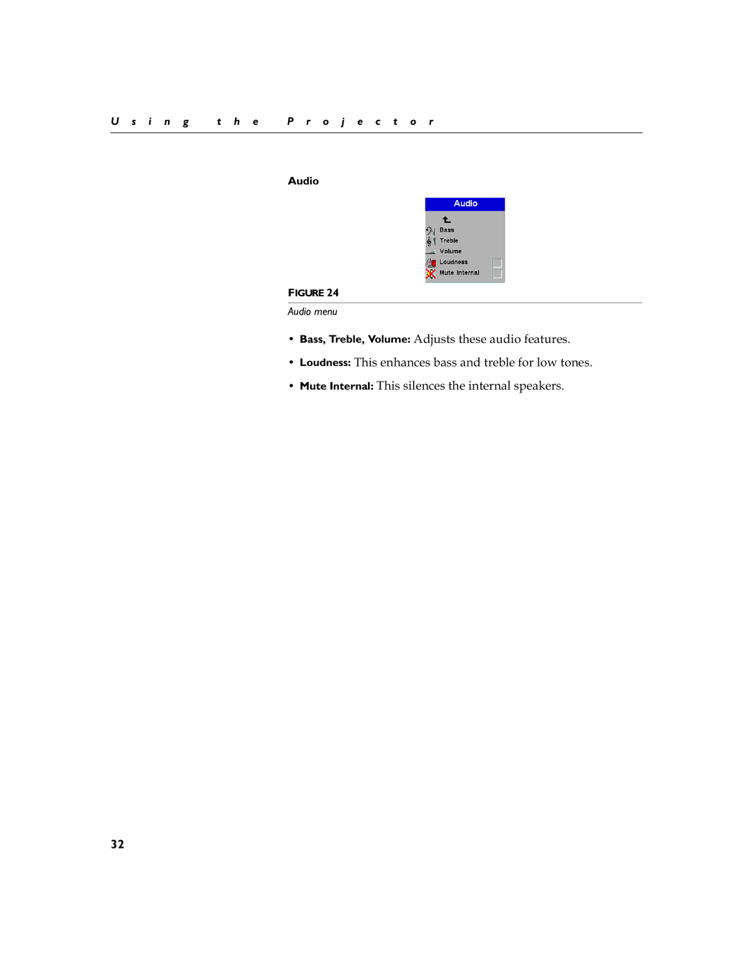 InFocus LP 790 manual ‡ Bass, Treble, Volume$GMXVWVWKHVHDXGLRIHDWXUHV, Audio menu 