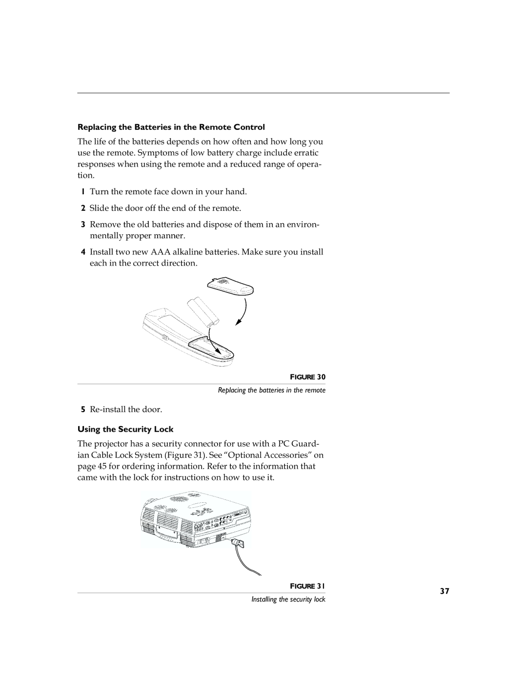 InFocus LP 790 manual Replacing the Batteries in the Remote Control, 5HLQVWDOOWKHGRRU, Using the Security Lock 