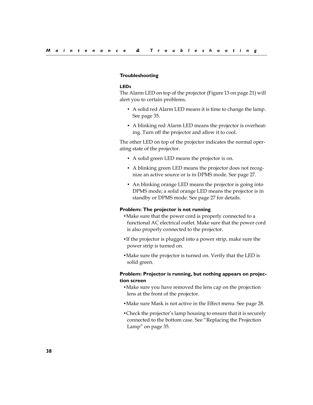 InFocus LP 790 manual Troubleshooting, Problem The projector is not running, Vrolgjuhhq, LEDs 