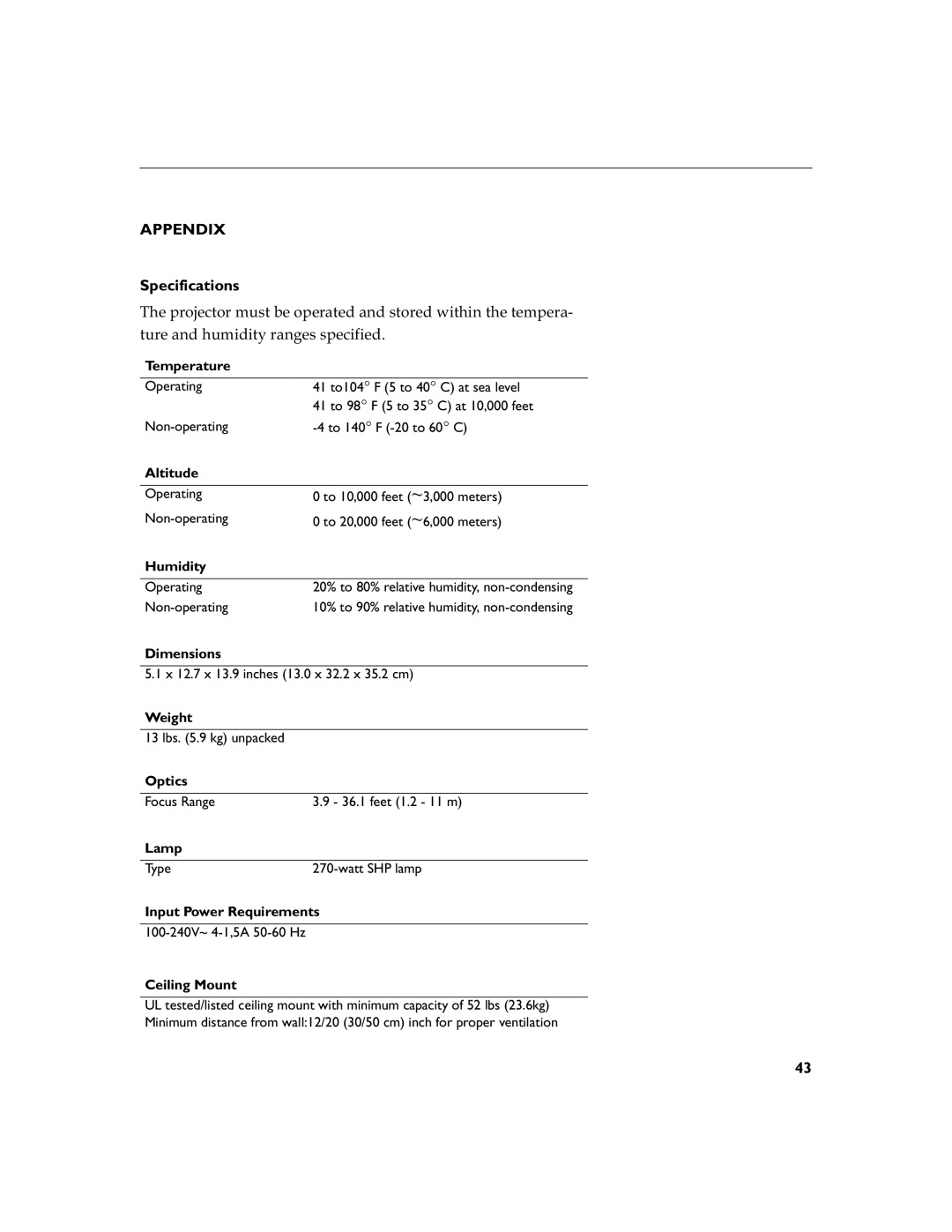 InFocus LP 790 manual Appendix, Specifications 