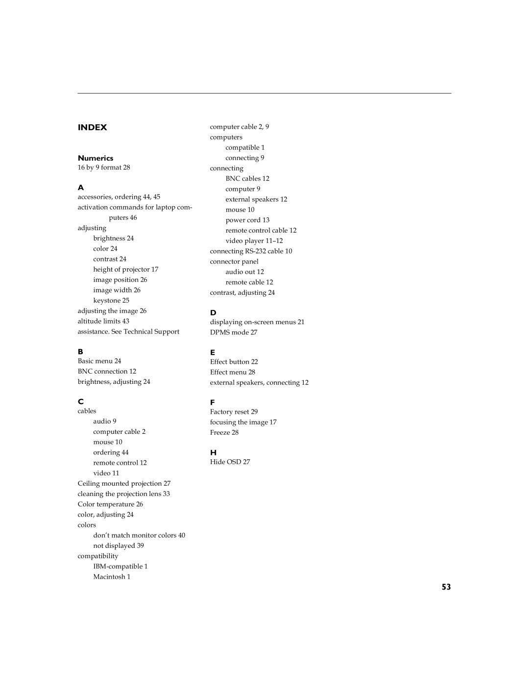 InFocus LP 790 manual Index, Numerics 