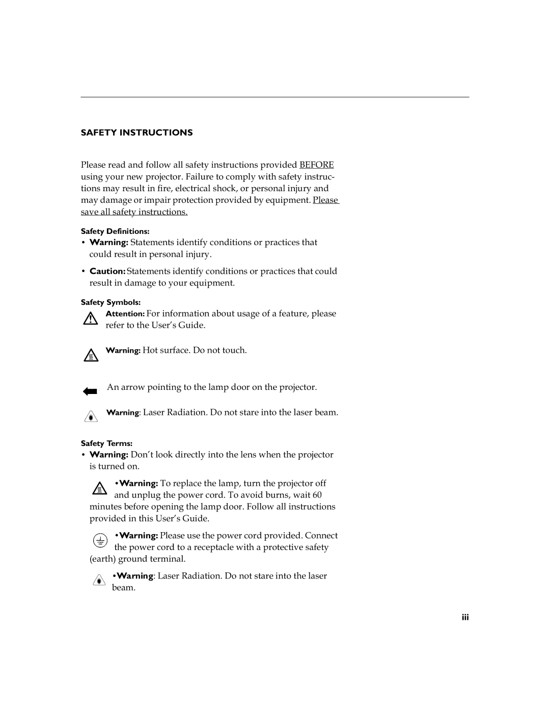 InFocus LP 790 manual Safety Instructions, Vdyhdoovdihw\Lqvwuxfwlrqv, Frxoguhvxowlqshuvrqdolqmxu, Hduwkjurxqgwhuplqdo 