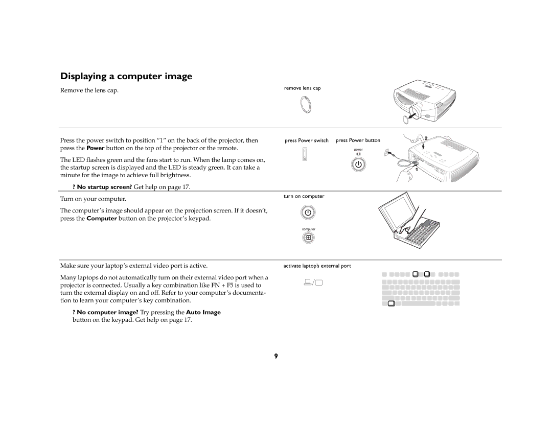 InFocus LP 815, LP 820 manual Displaying a computer image, ? No startup screen? Get help on 