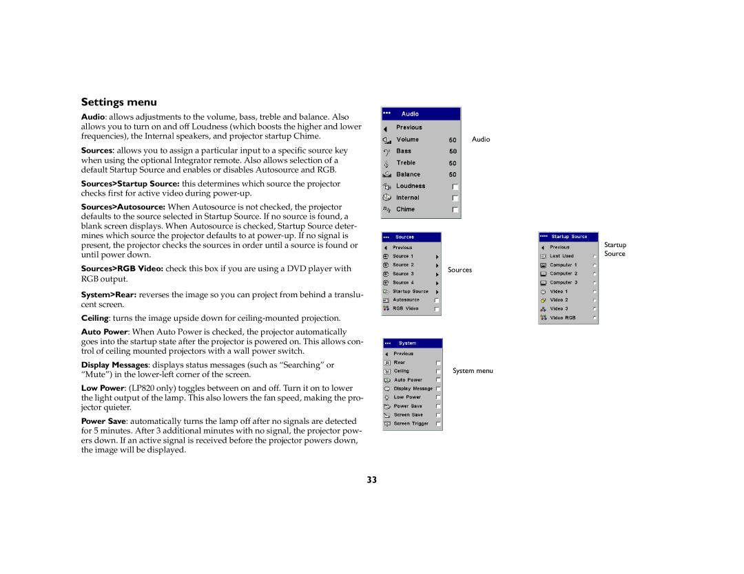 InFocus LP 815, LP 820 manual Settings menu 