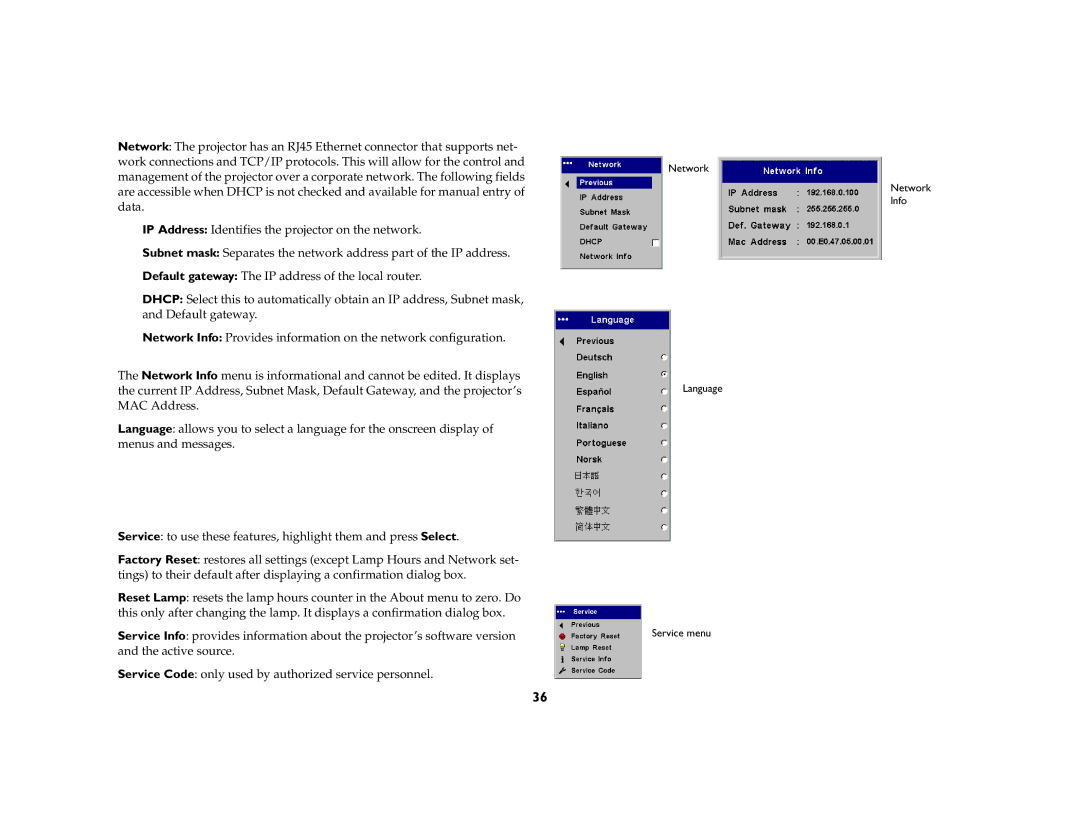 InFocus LP 820, LP 815 manual Network Language Service menu Network Info 