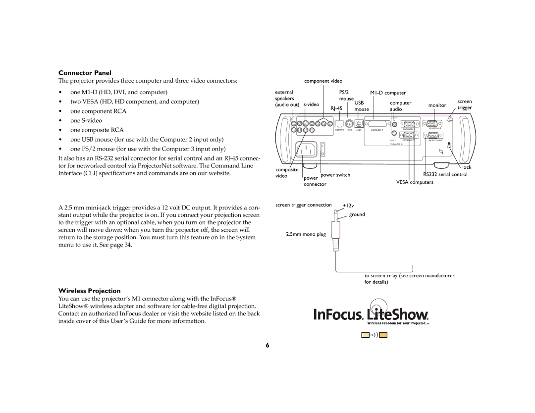 InFocus LP 820, LP 815 manual Connector Panel, Wireless Projection 