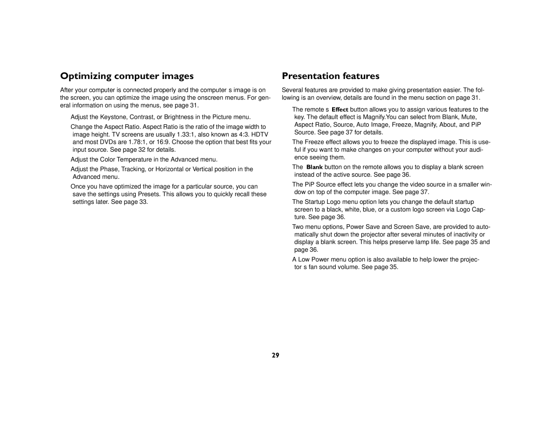 InFocus LP 840/LP 850 manual Optimizing computer images, Presentation features 