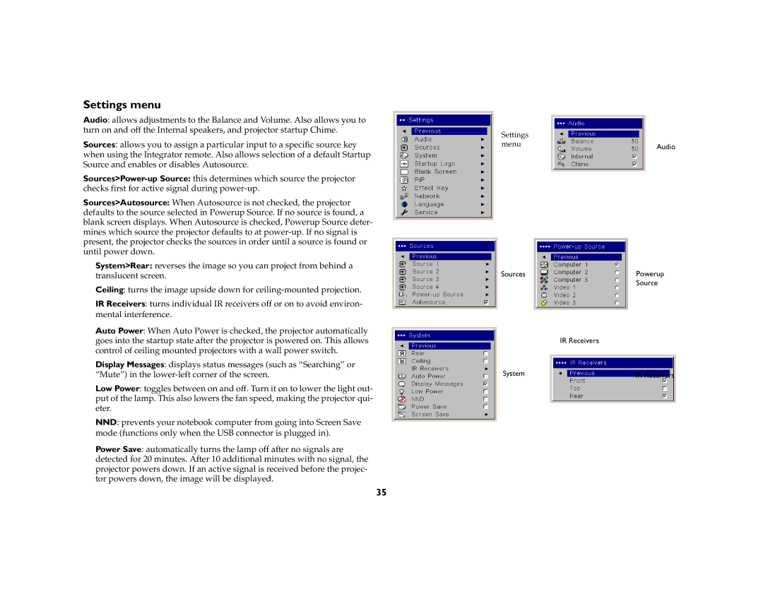 InFocus LP 840/LP 850 manual Settings menu 