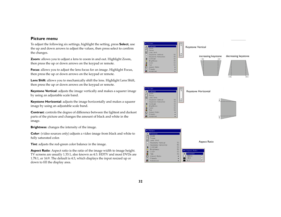 InFocus LP 850, LP 840 manual Picture menu 