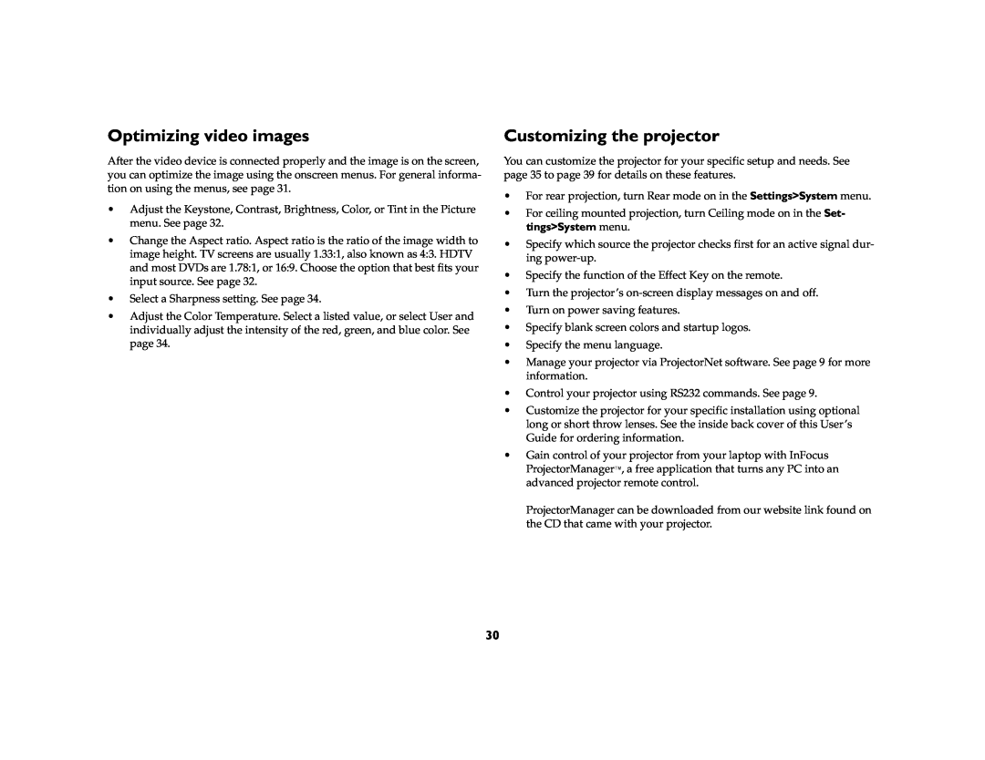 InFocus LP 850, LP 840 manual Optimizing video images, Customizing the projector 